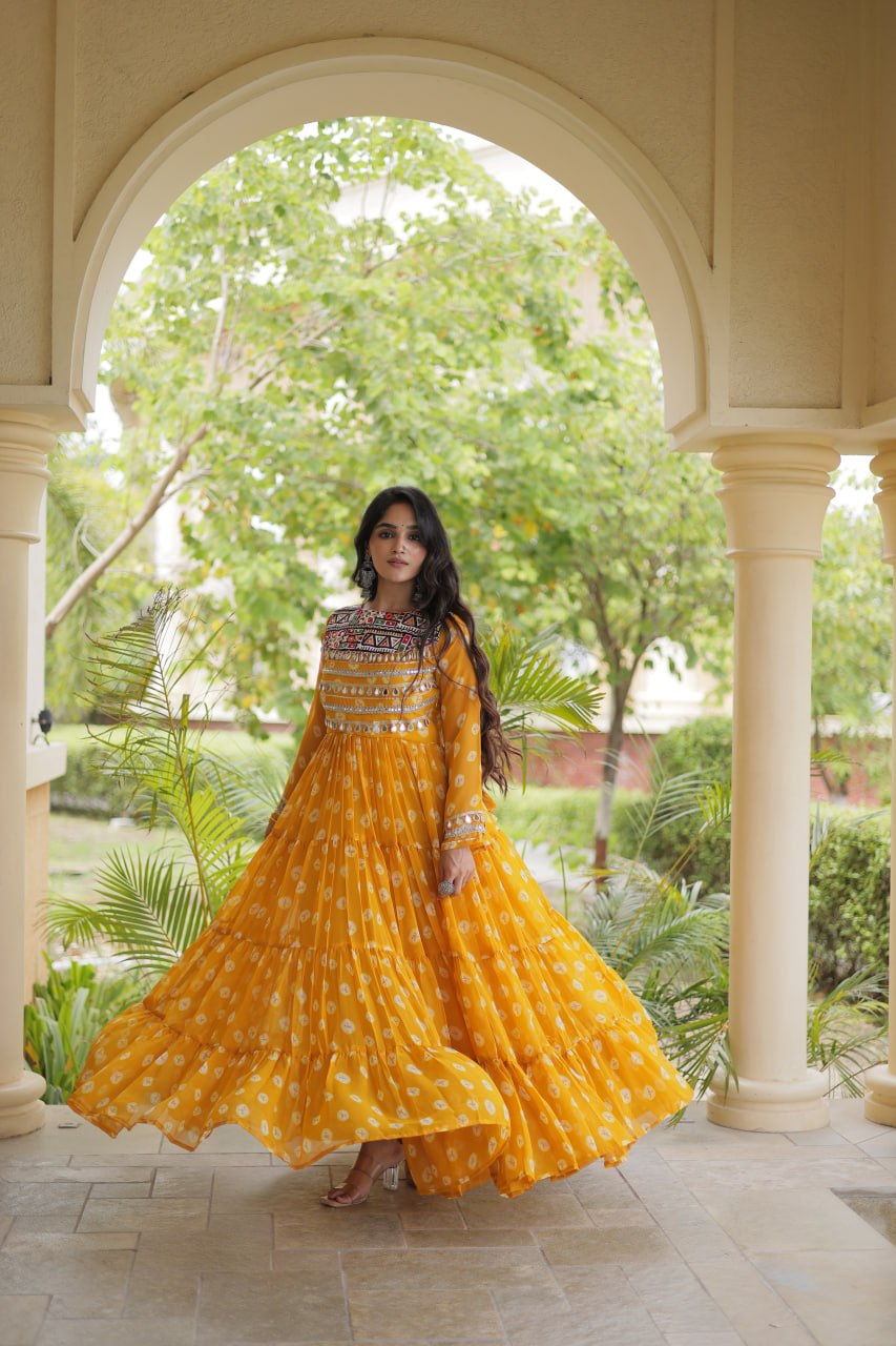 Lavanya Yellow Faux Georgette Bandhani Kutchi Patchwork Gown