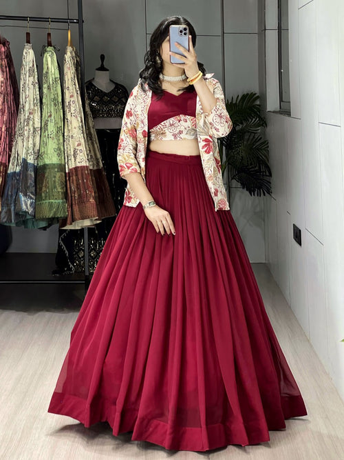 Alka Maroon Color Georgette Foil Printed Lehenga Choli with Koti