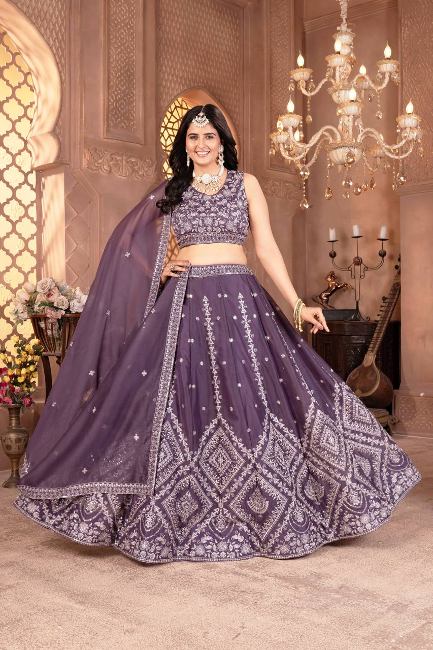 Purple star georgette sequins embroidered lehenga choli with dupatta