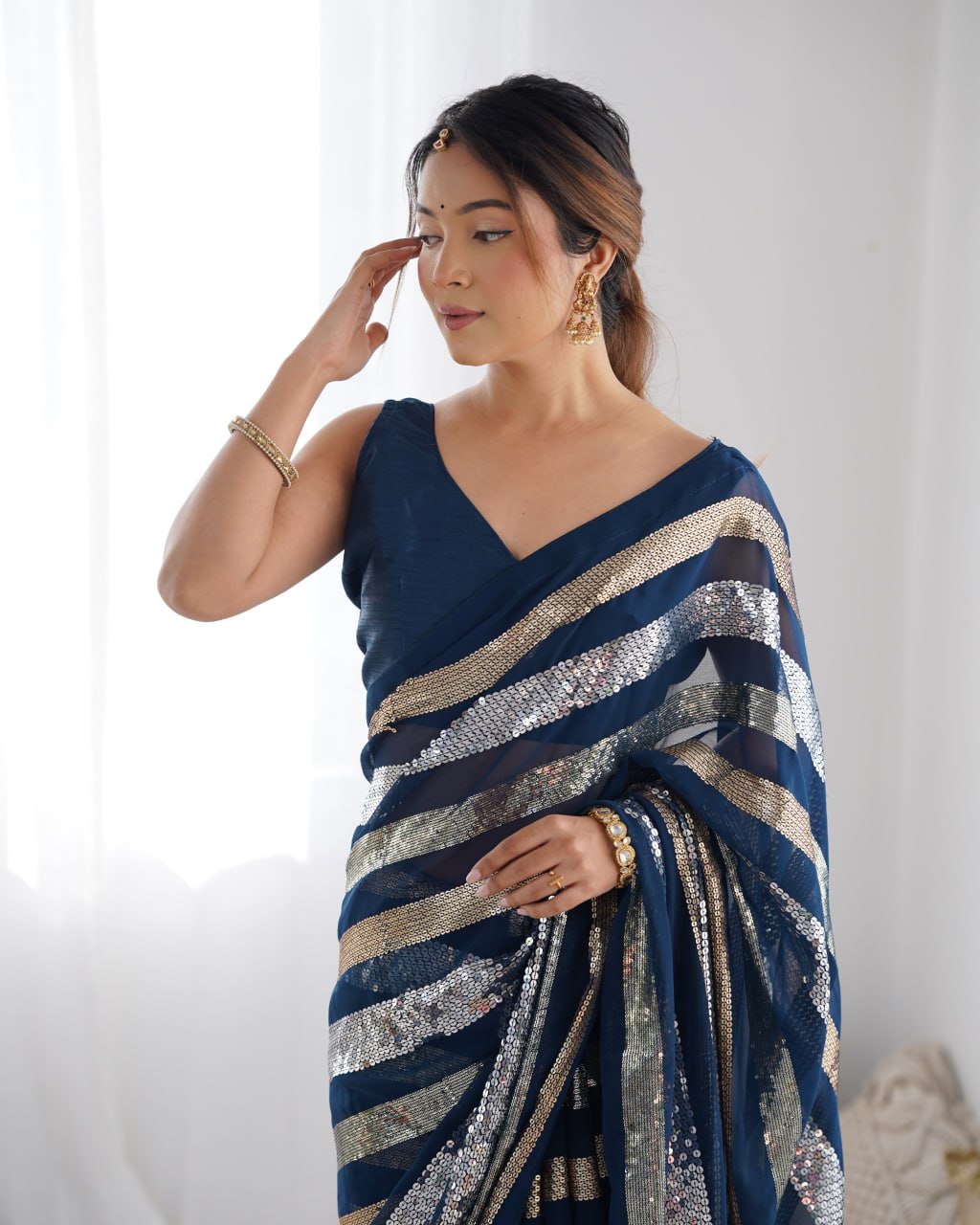 Kira Navy Blue Sequin Embroidery Georgette Saree