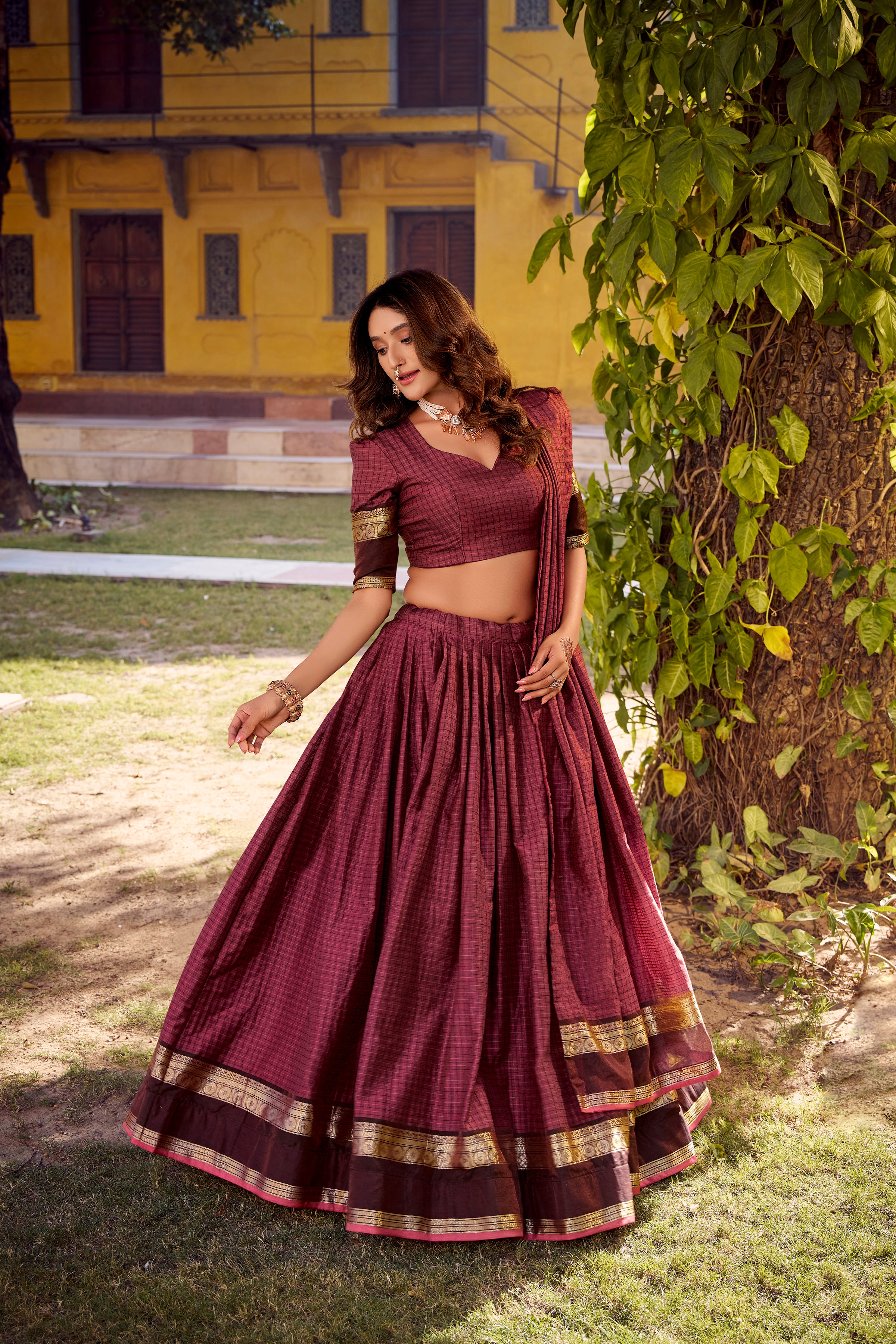 Rimi Mulberry Color Chettinad Cotton Chex With Zari Weaving Work Half-Saree Lehenga