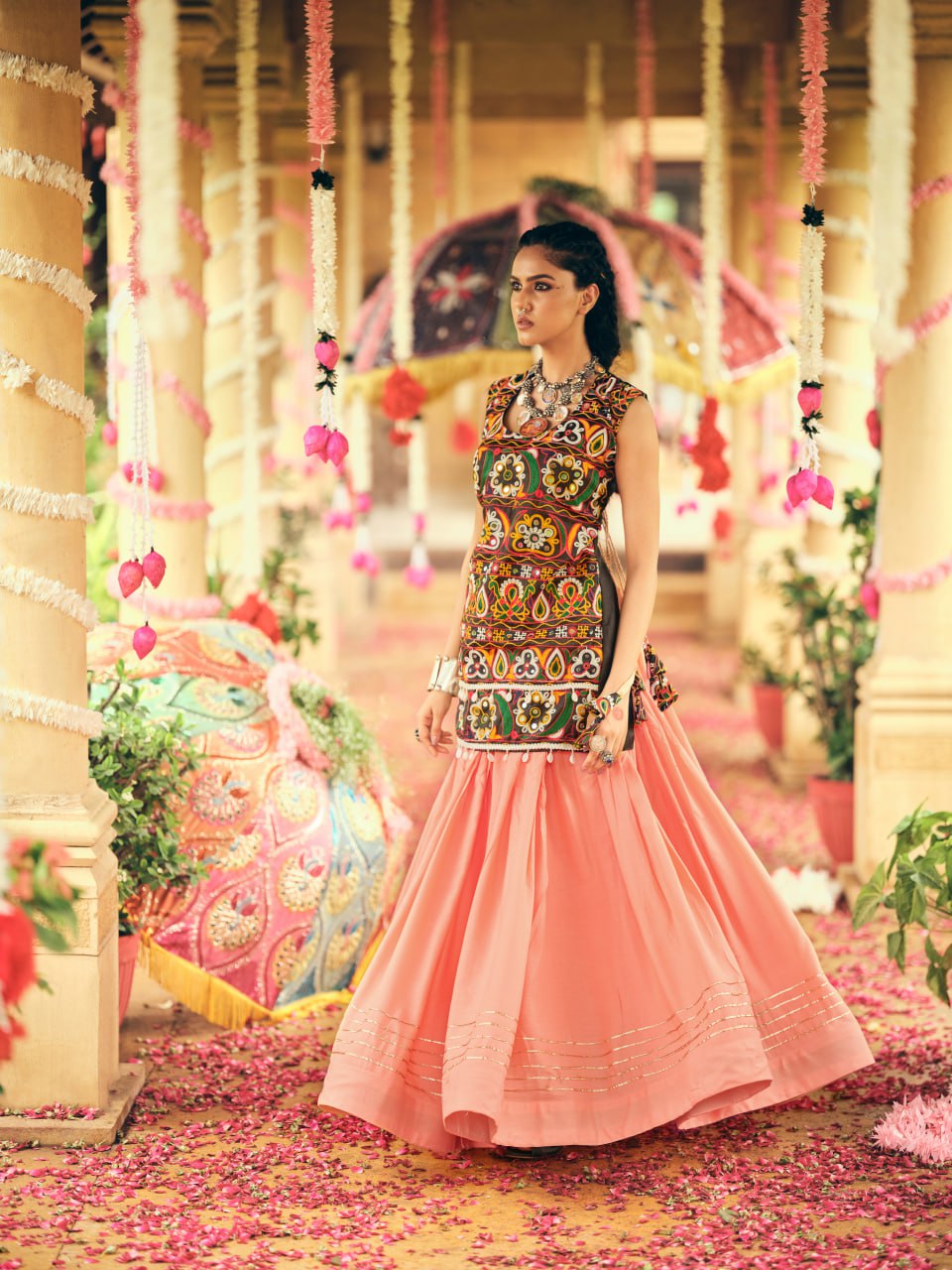 Peach Pure Rayon Ribbon Work Embroidered Lehenga Choli