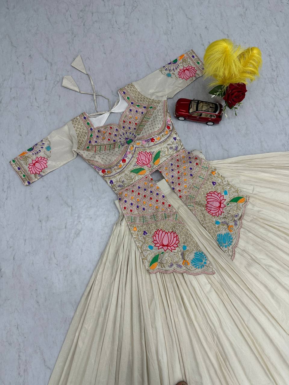 Neerja Off-White Color Cosmos Silk Embroidery Sequence Work Crop Top Lehenga Choli