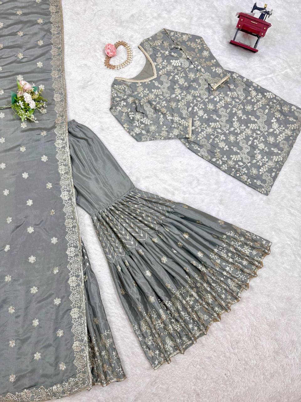 Agnija Grey Chinon Silk Sharara Set
