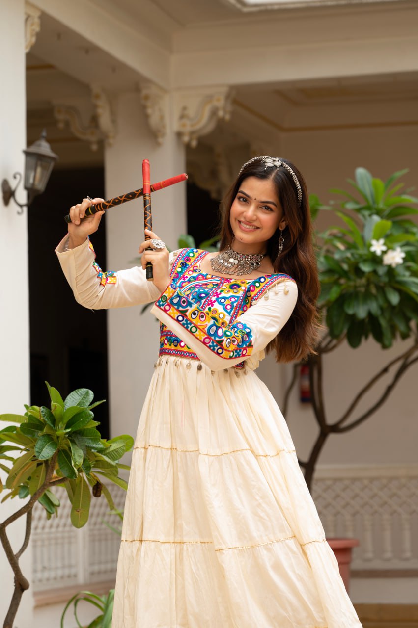 Off-White Kora Cotton Kutchi Gamthi Mirror Work and Kodi Lace Gown