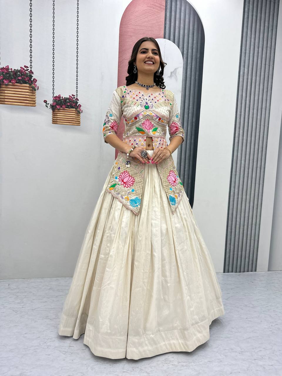Neerja Off-White Color Cosmos Silk Embroidery Sequence Work Crop Top Lehenga Choli