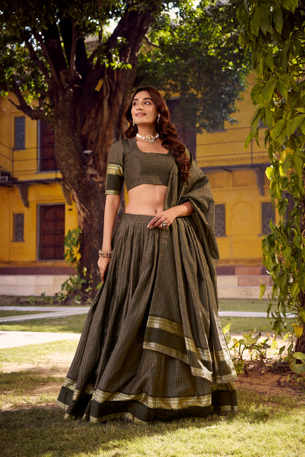 Rimi Grey Color Chettinad Cotton Chex With Zari Weaving Work Half-Saree Lehenga