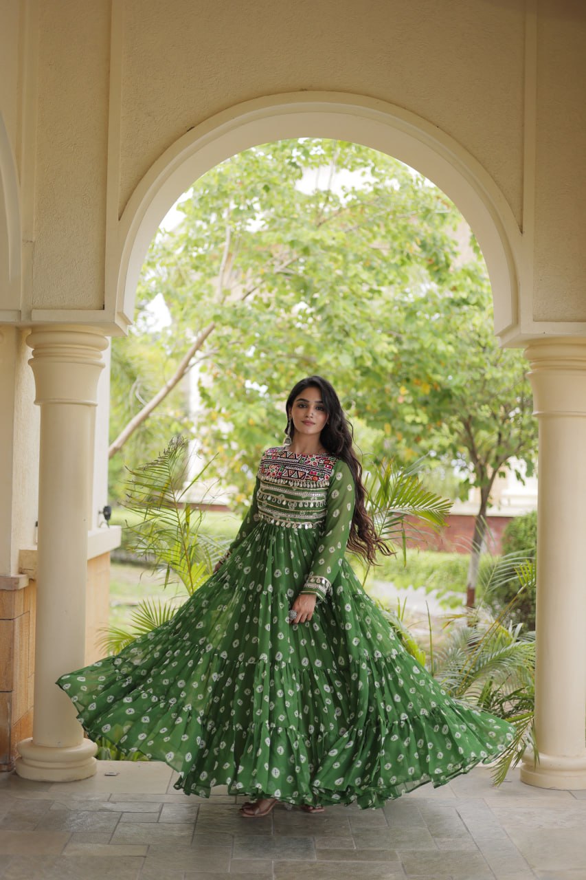 Lavanya Green Faux Georgette Bandhani Kutchi Patchwork Gown