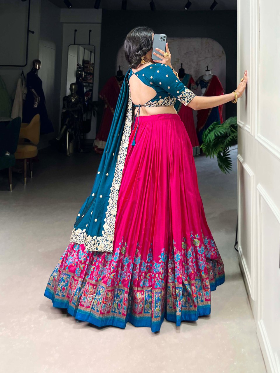 Pink Tussar Silk Lehenga with Foil Print and Embroidered Dupatta