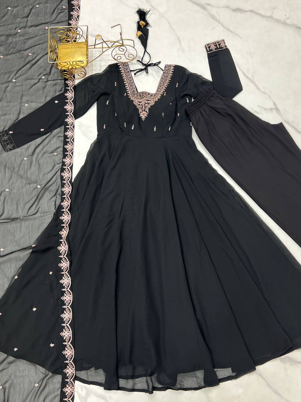 black Anarkali suit in soft Fox Georgette with 6.5-meter flair, beads & zari embroidery, lace sleeves & embroidered dupatta – stitched & ready-to-wear.