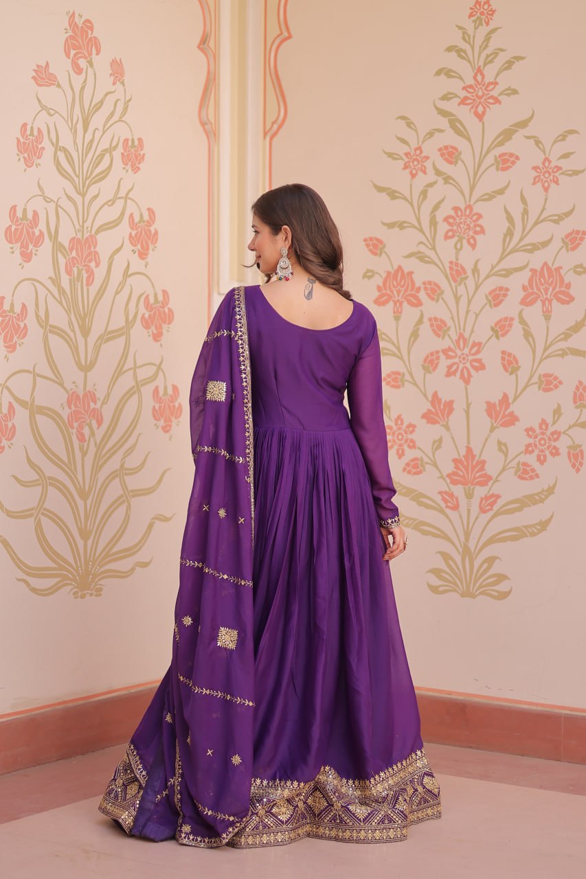 Purple Color Star Georgette Zari Sequins Embroidered Gown with Dupatta