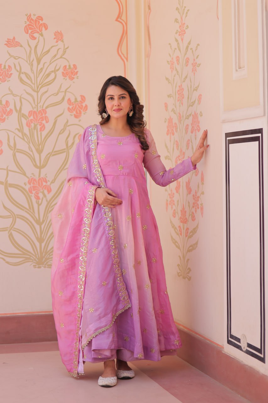 Pink Organza Flair Sequins Zari Embroidery Gown with Dupatta