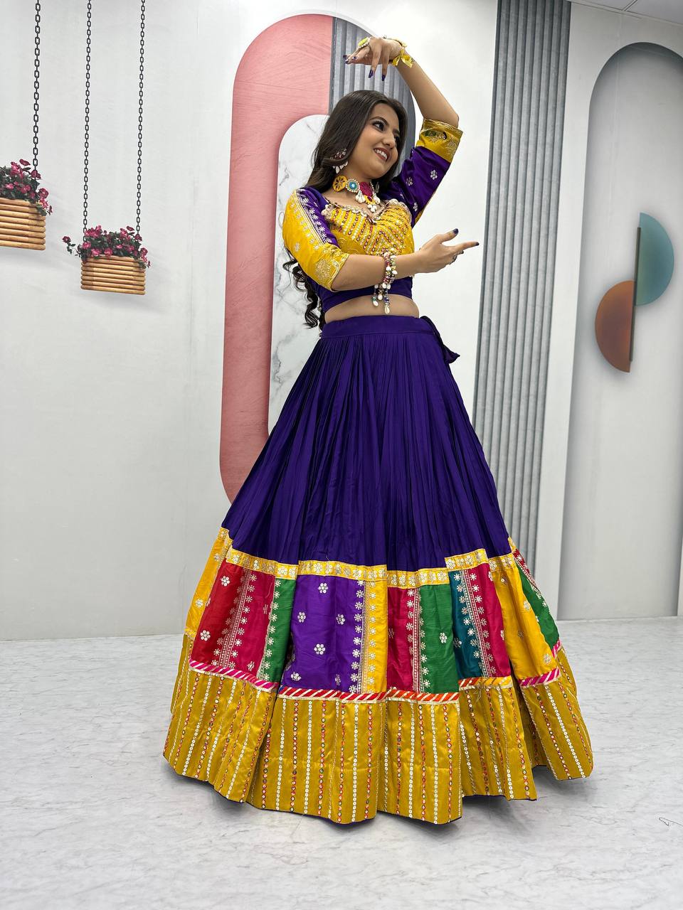 Purple Pure Cotton Embroidered Sequins Work Lehenga Choli with Dupatta