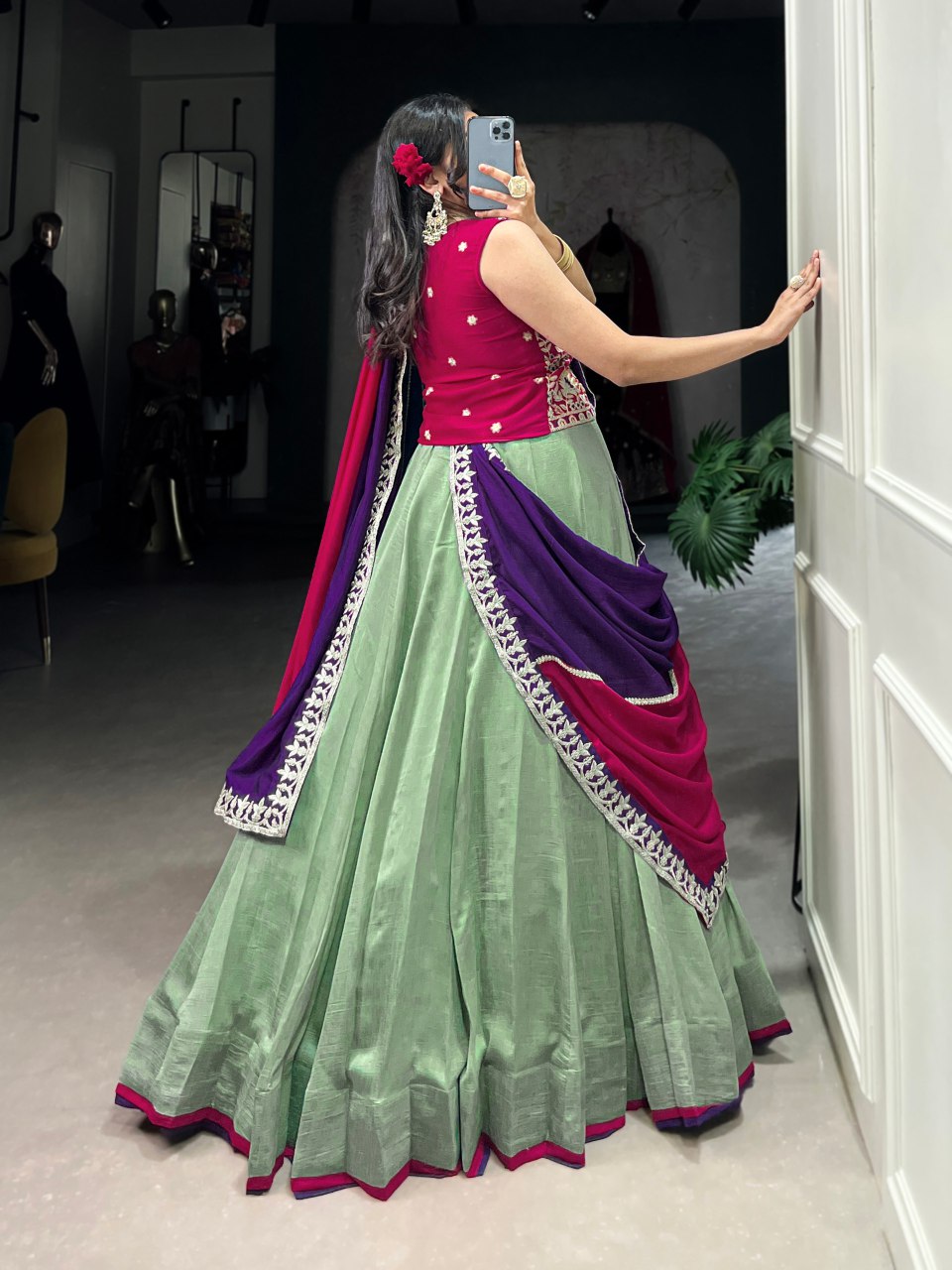 Vijyeshwari green silk sequins embroidered lehenga choli