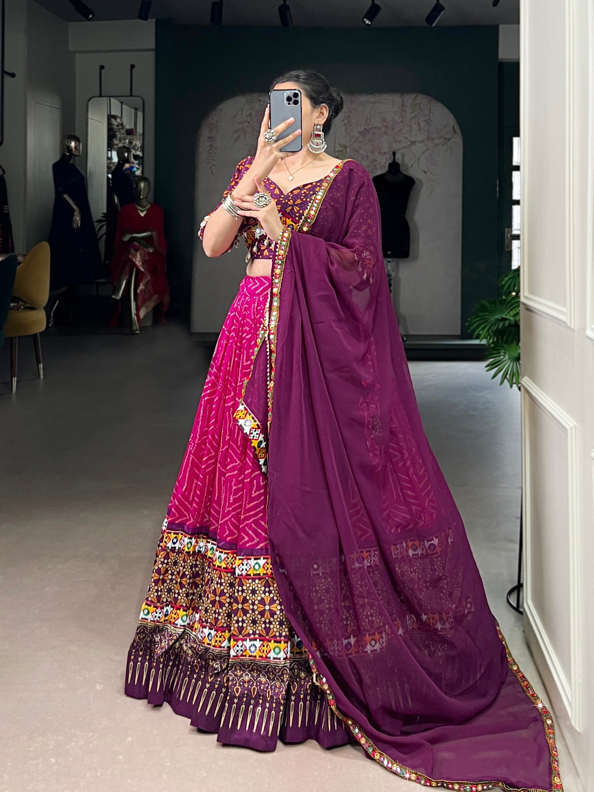 Pink Tasar silk foil print embossed lace work lehenga choli with dupatta