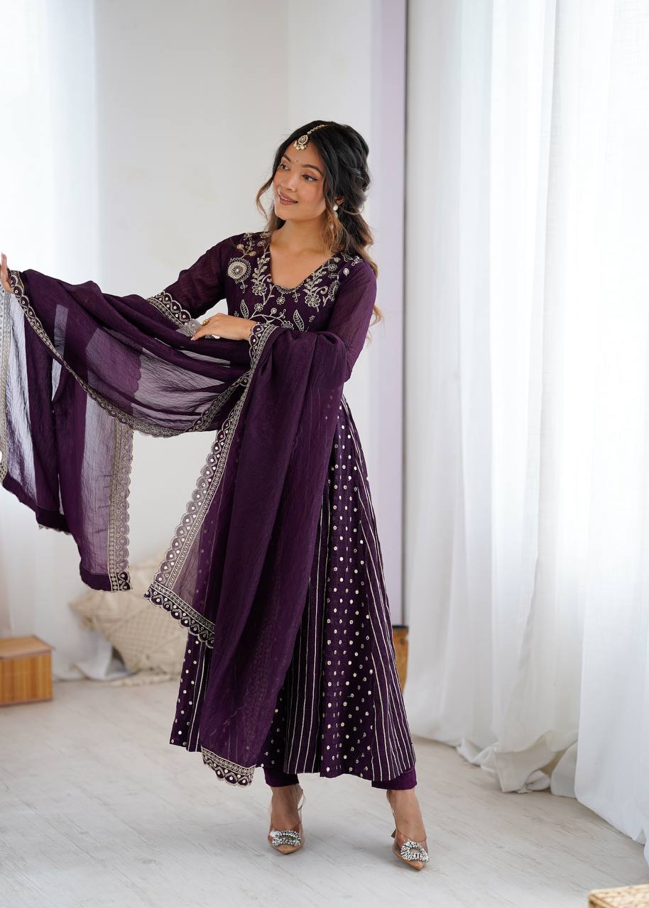 Purple Crunchy Silk Embroidered Anarkali Suit Set