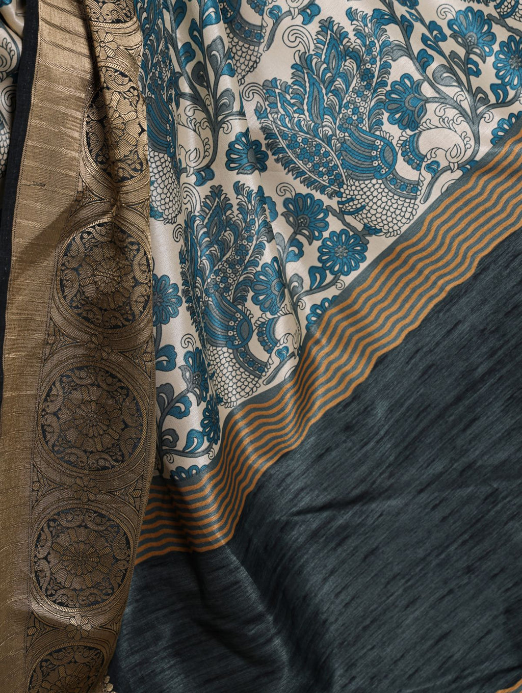 Teal Blue Color Tasar Silk Printed Saree with Viscose Border and Blouse