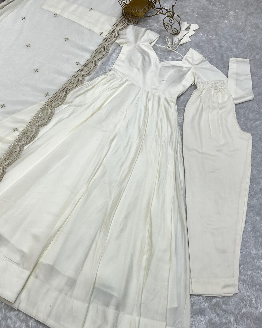Prema white chanderi silk anarkali suit set