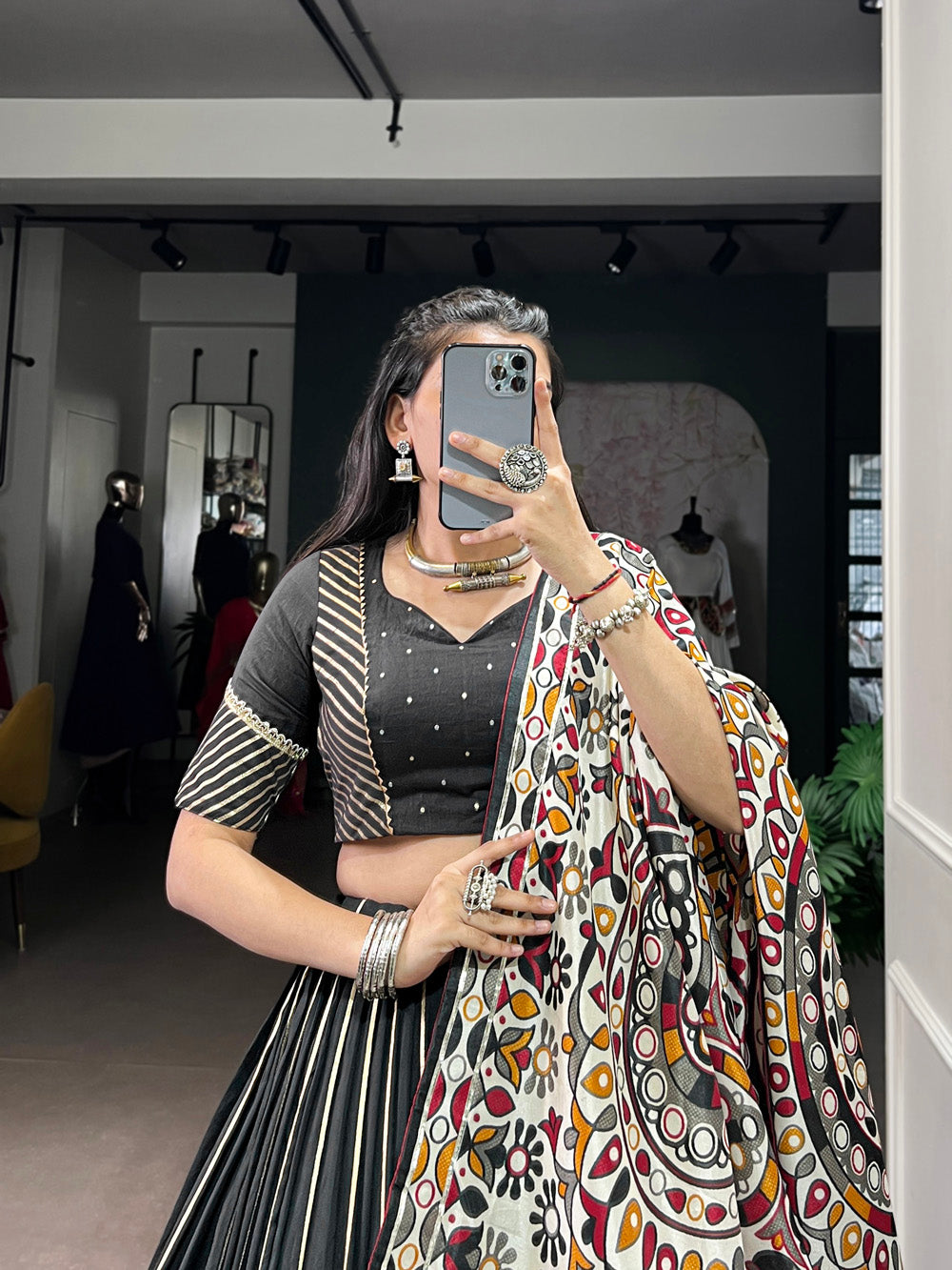 Black Chanderi Zari Weaving and Embossed Lace Lehenga Choli