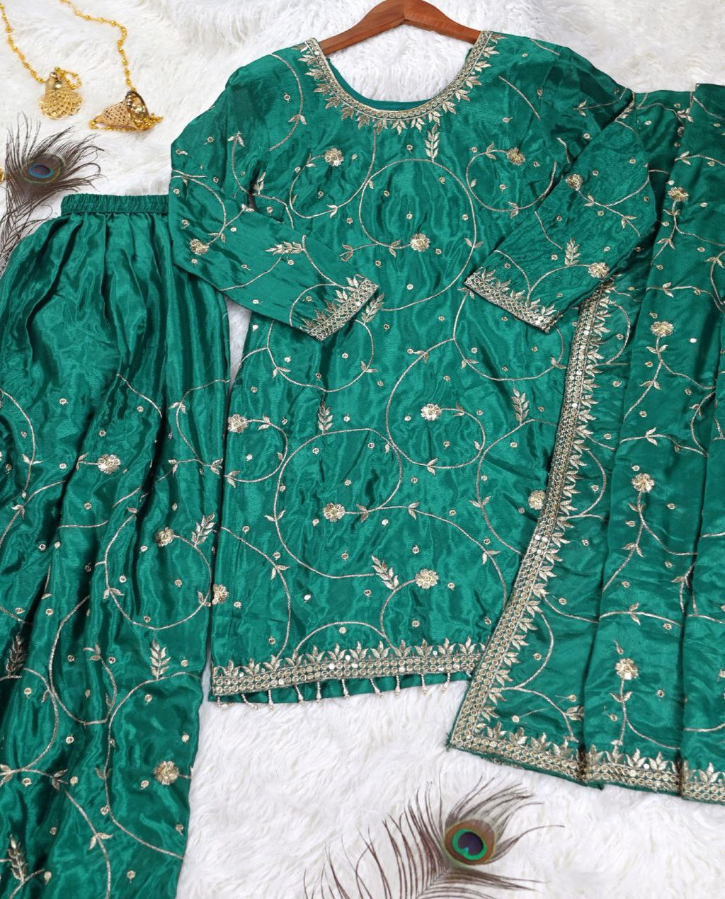 Keisha Teal Chinon Embroidered Kurti Sharara Set