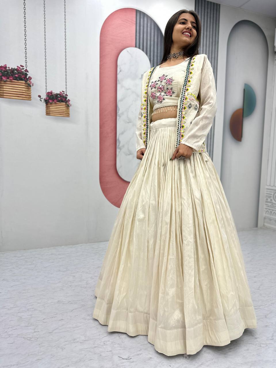 Off-White Tissue Shimmer Handwork Real Diamond Work Lehenga Choli with Jacket