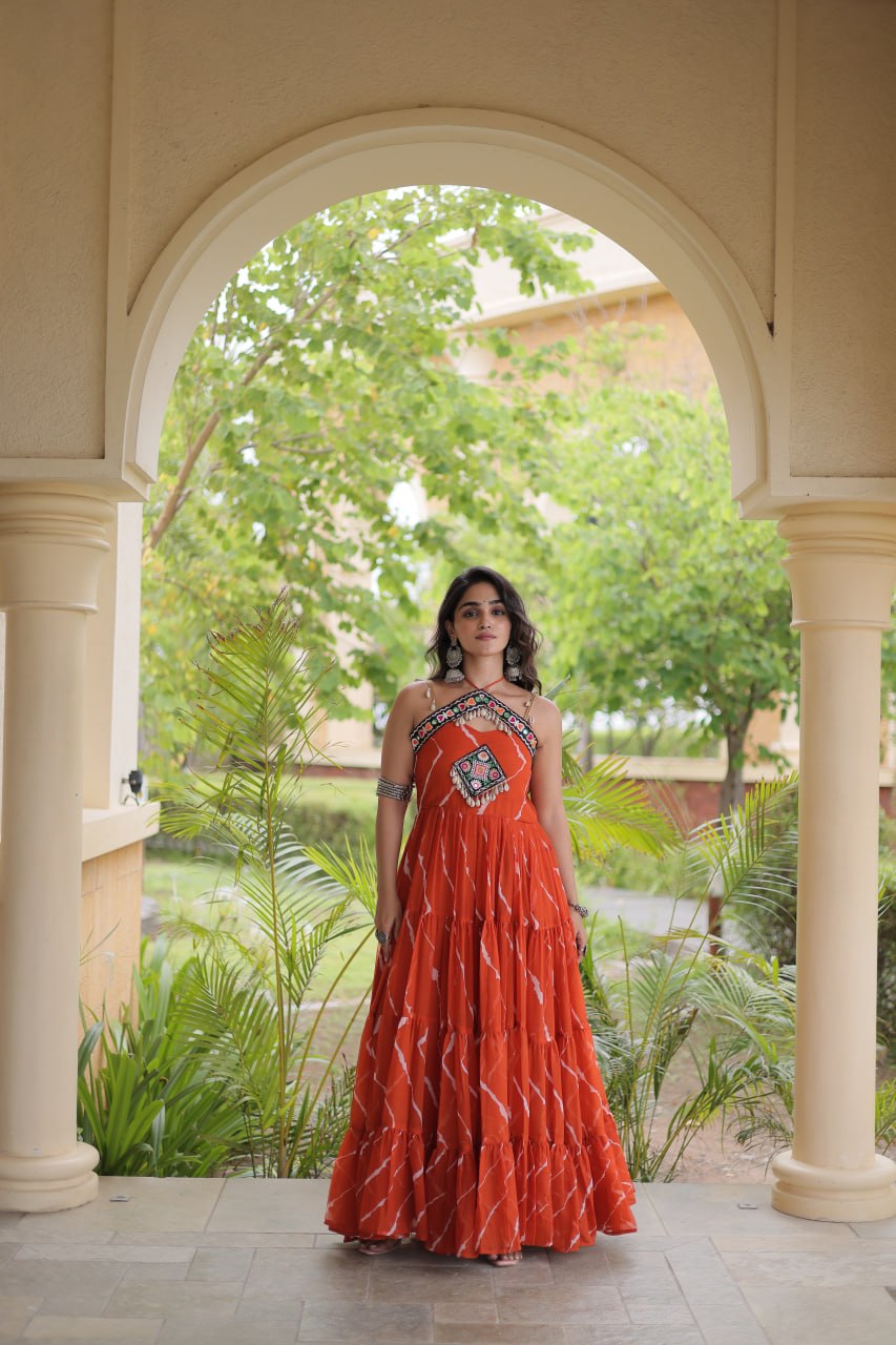 Bhavna Orange Faux Georgette Laheriya Kutchi Patchework Gown