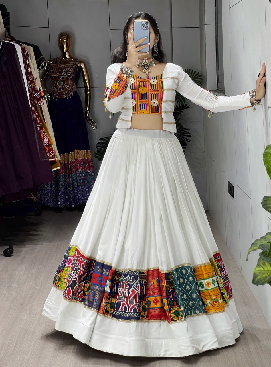 White Rayon Cotton Kutchi Work Fancy Top Lehenga