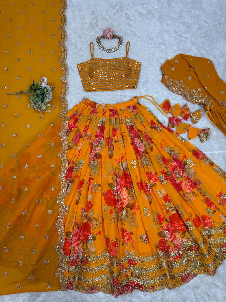Yellow lehenga choli for Haldi, embroidered georgette lehenga with jacket, digital print lehenga, wedding lehenga set, Trinaari festive wear.