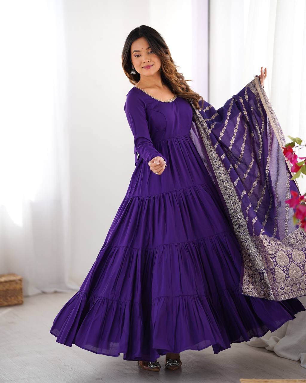 Ashika Roman Silk Flared Purple Anarkali Suit