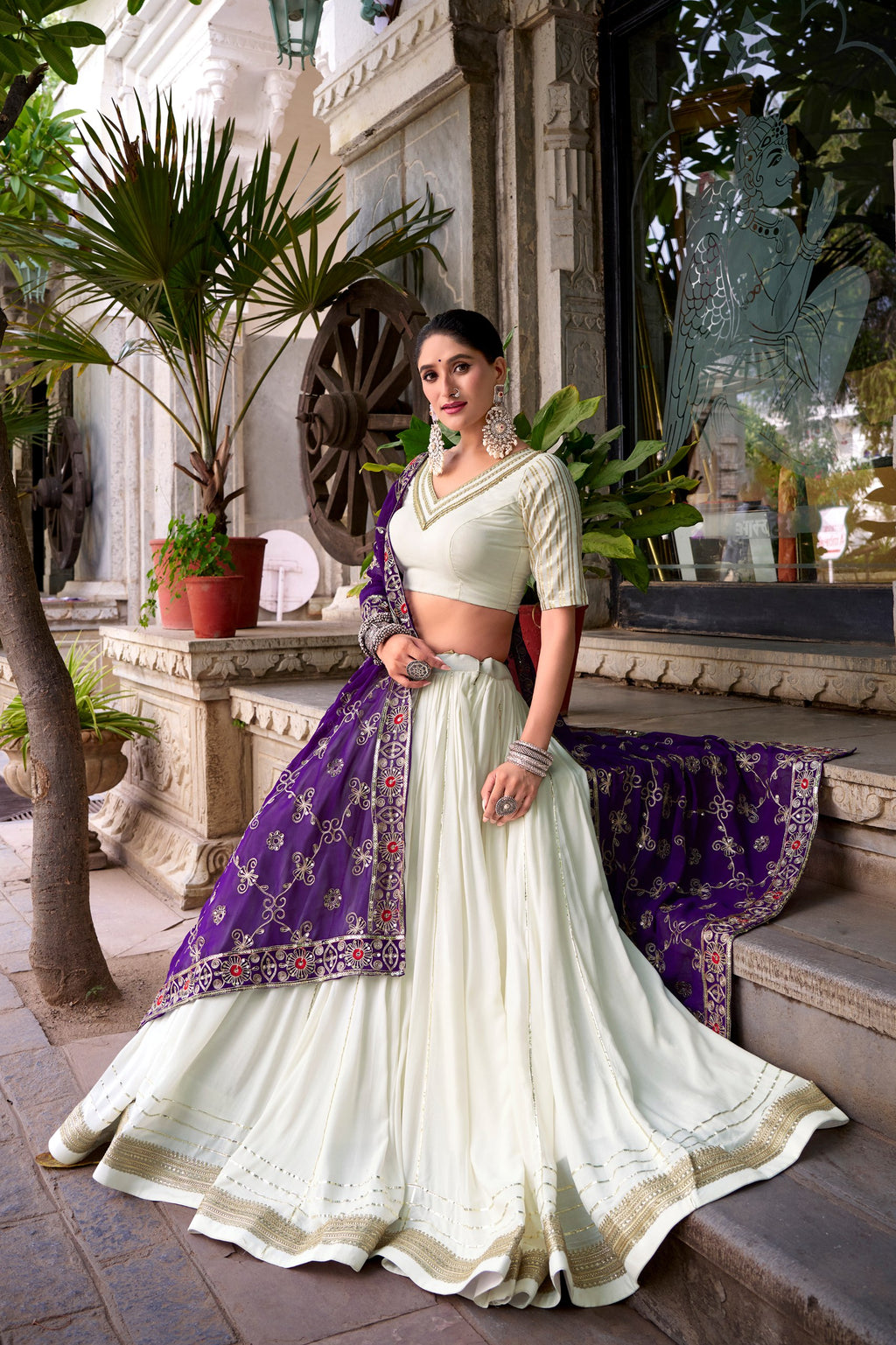 White Pure Rayon Lace Work and Georgette Sequins Dupatta  Lehenga Choli