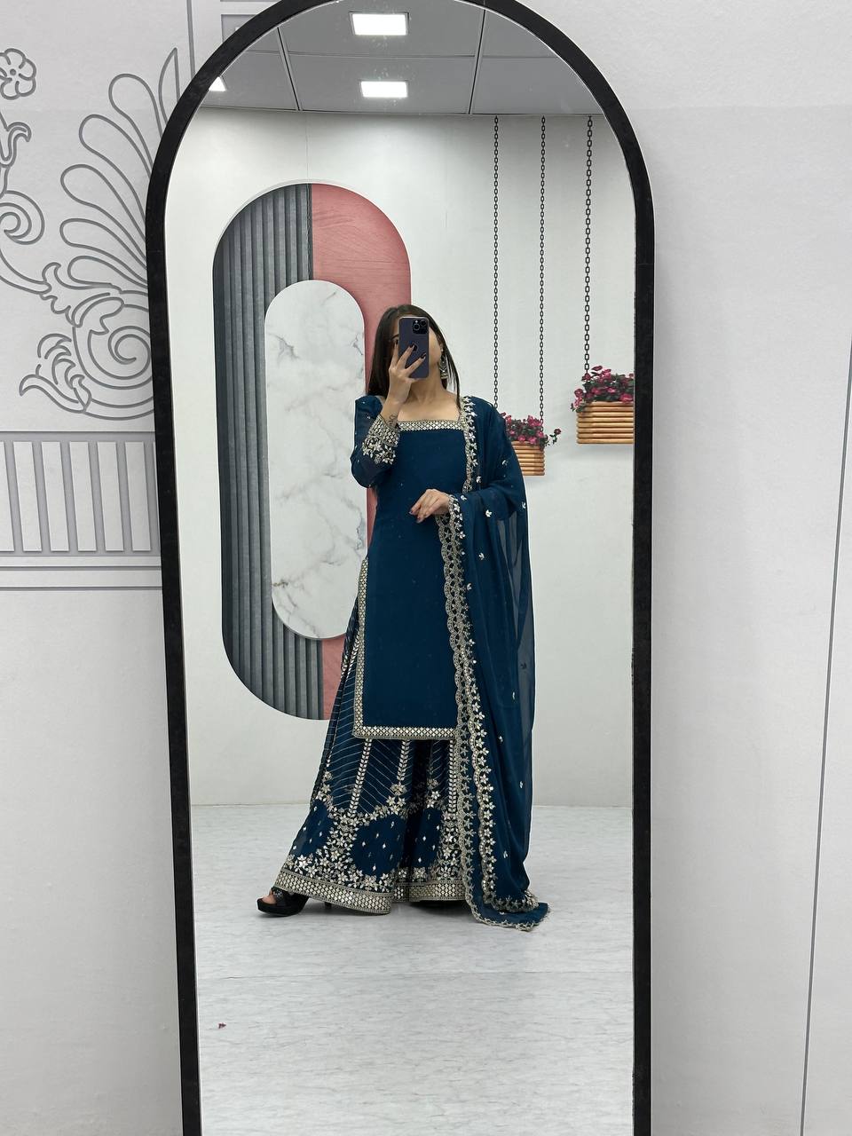 Aroa Blue Color Fox Georgette Embroidery Sequence Work Kurti Palazzo Set