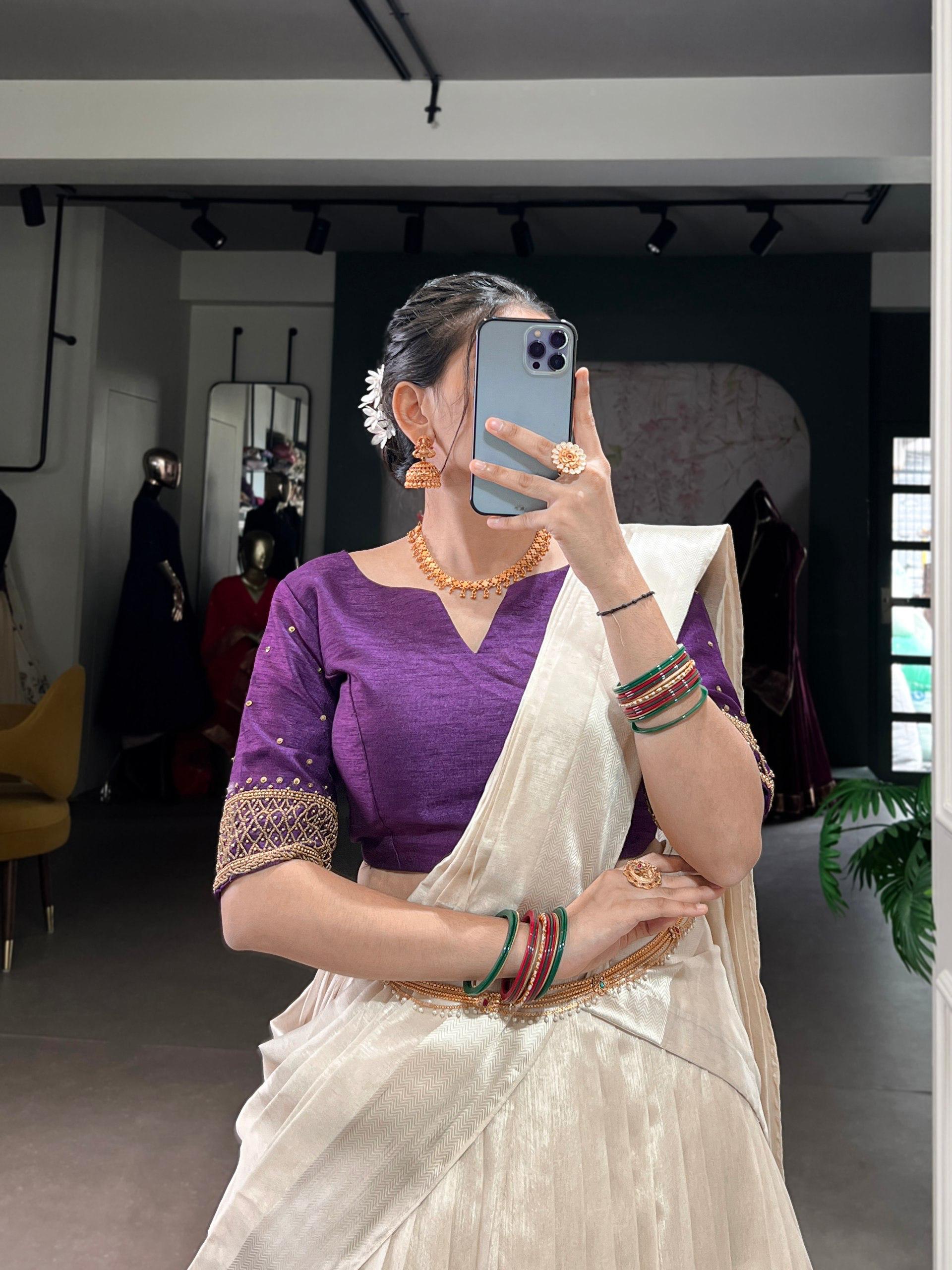 Off White Poly Tasar Viscose Border and Bead Work Traditional Lehenga Choli