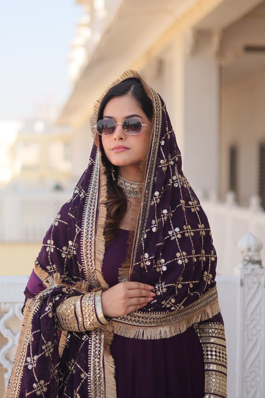 Lavish Purple Sequins Embroidered Anarkali Flared Kurti Set