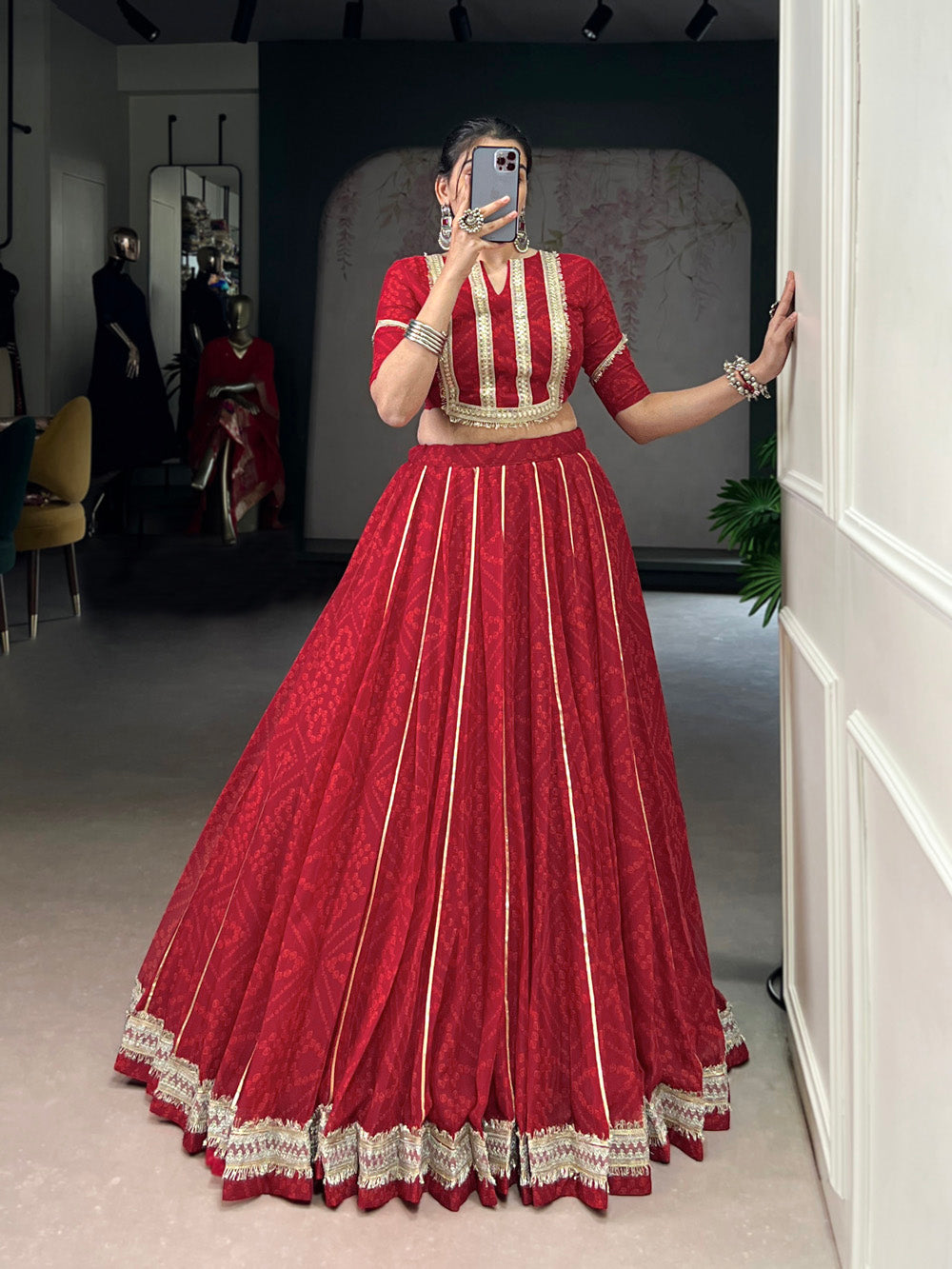 Red Chiffon Bandhej Print Gota Patti Lace Work Lehenga Choli