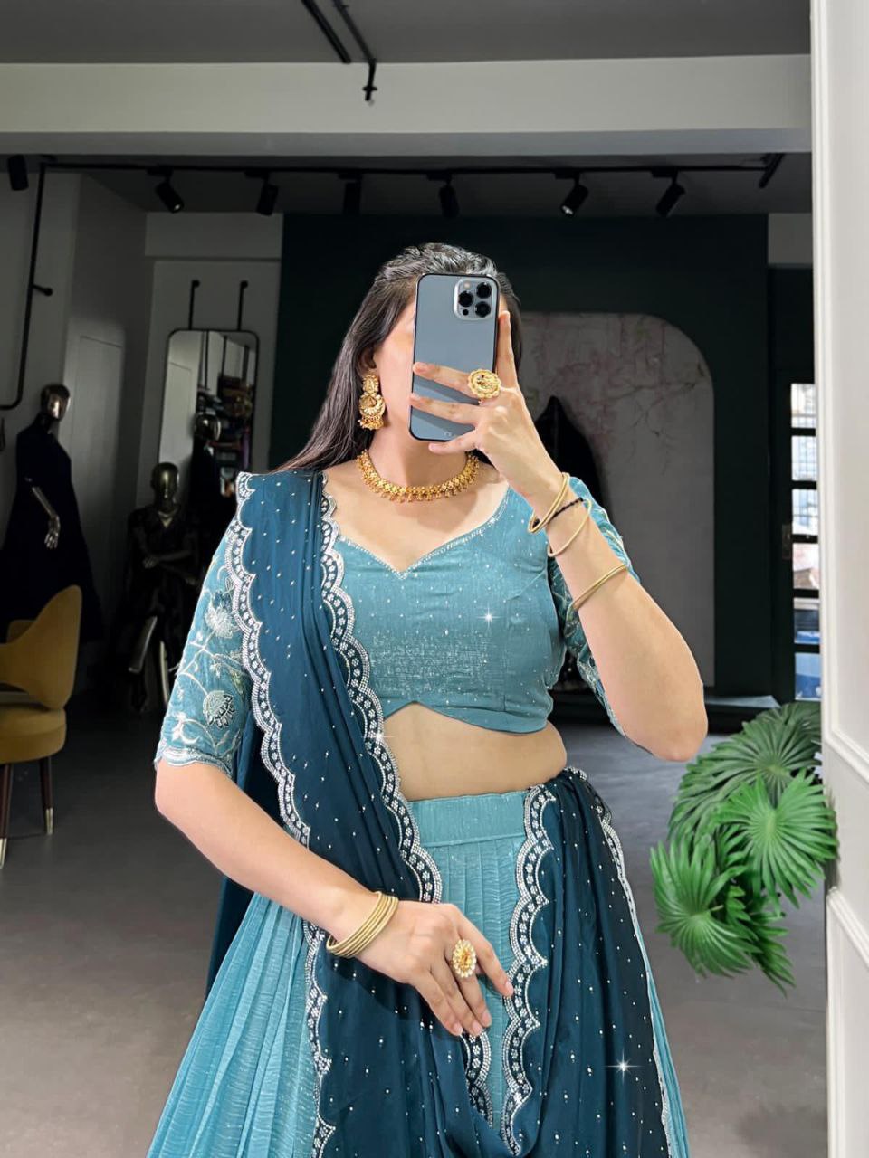 Sky Blue Silver Glossy Embroidered with Hotfix Work Lehenga Choli