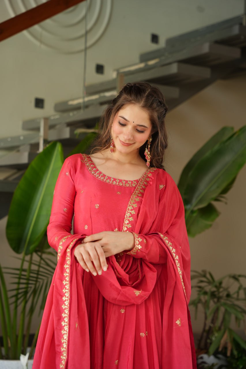 Harvisha Rani Pink Gown Set in premium Chinon Silk with sequin embroidery – ideal Indian ethnic wear for Indian weddings, festive wear, traditional wear, and Indian bride look. Perfect designer gown for online shopping in Indian fashion and clothing trends.