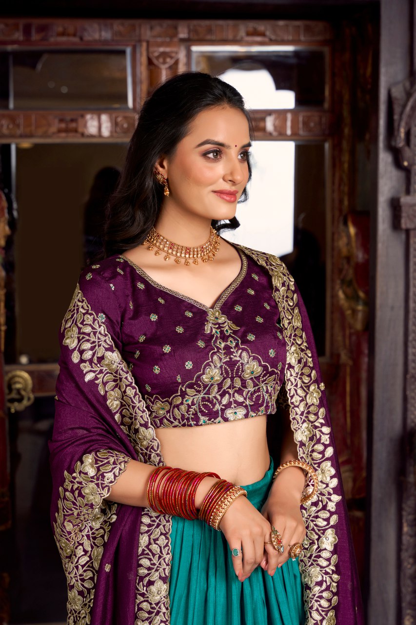 Purple tussar silk foil print lehenga choli with embroidered dupatta