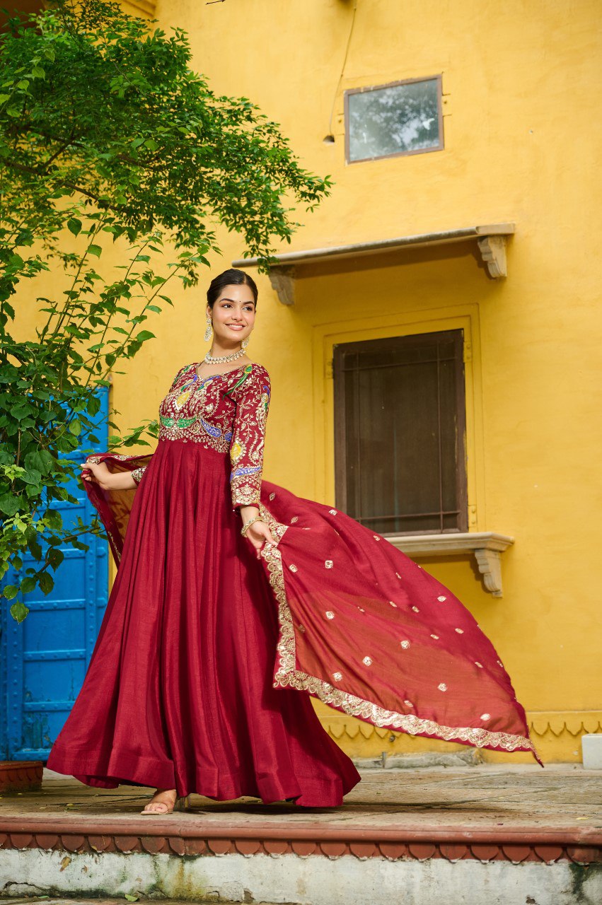 Maroon Vichitra Silk Multi Thread Zari Embroidery Gown with Dupatta