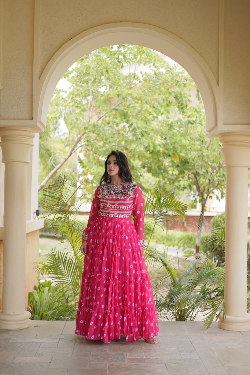 Lavanya Pink Faux Georgette Bandhani Kutchi Patchwork Gown