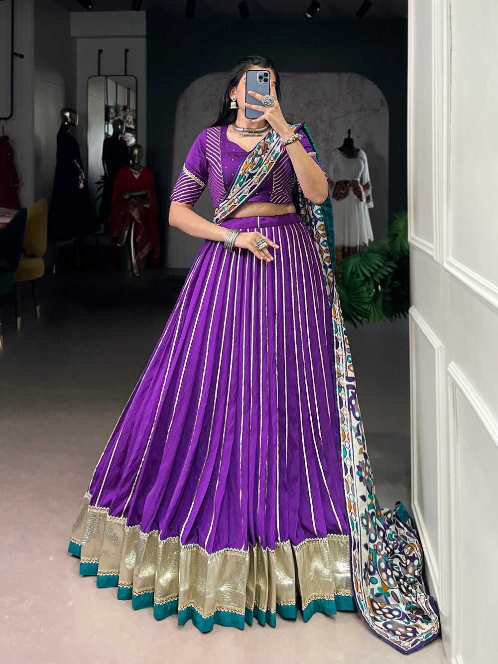 Purple Chanderi Zari Weaving and Embossed Lace Lehenga Choli