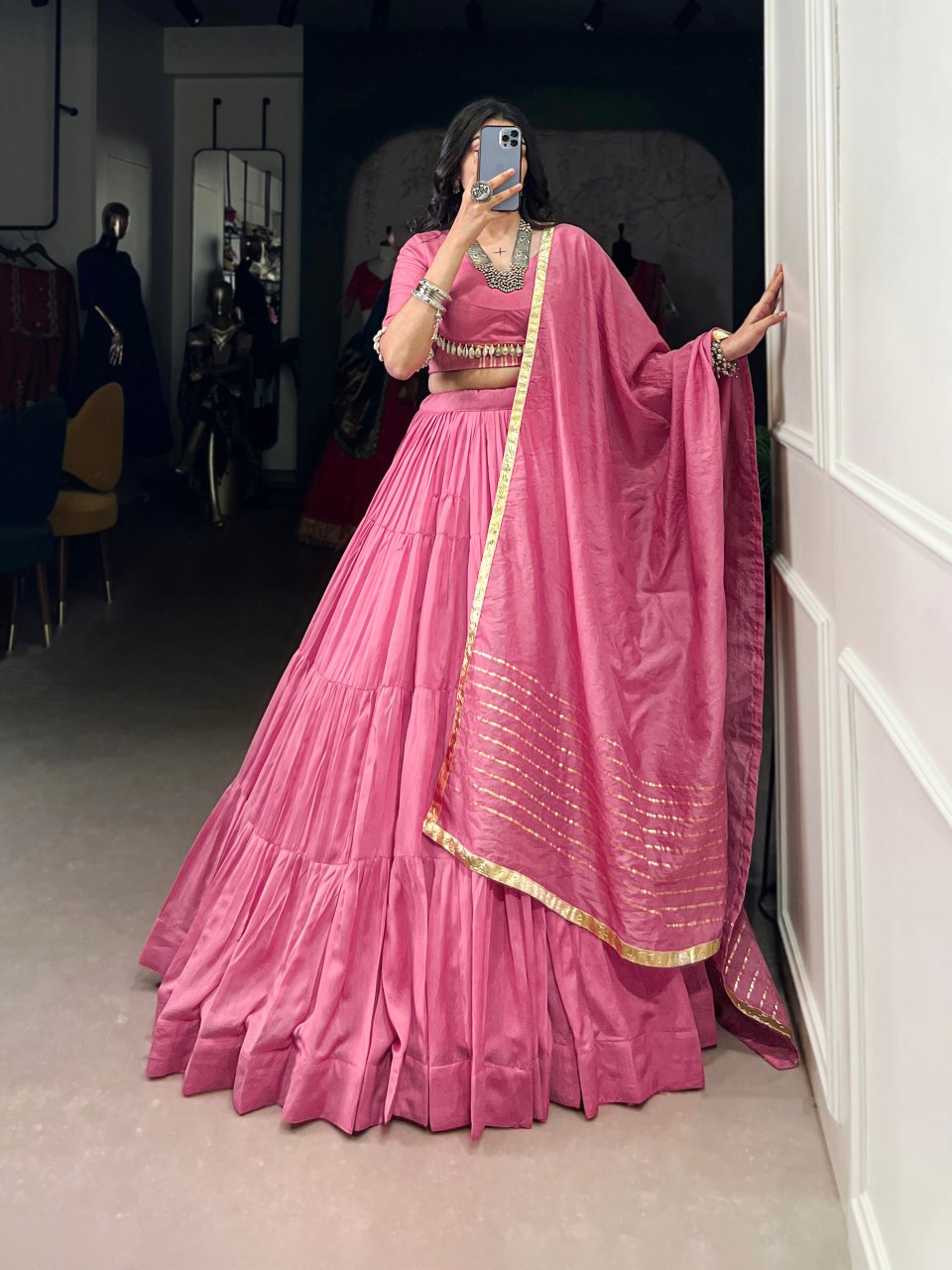 Pink Pure Chanderi Cowrie Work Lehenga Choli With Dupatta