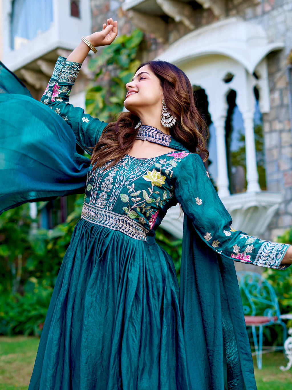 Dipa Teal Blue Color Fendy Silk Embroidery Sequins Thread Work Gown with Dupatta