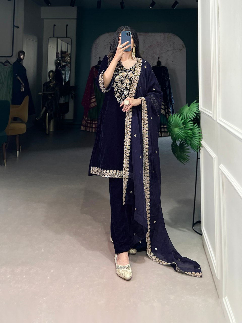 Velvet kurta set for women, navy blue embroidered suit, party wear kurti with dupatta, winter ethnic wear for weddings, Trinaari premium collection.
