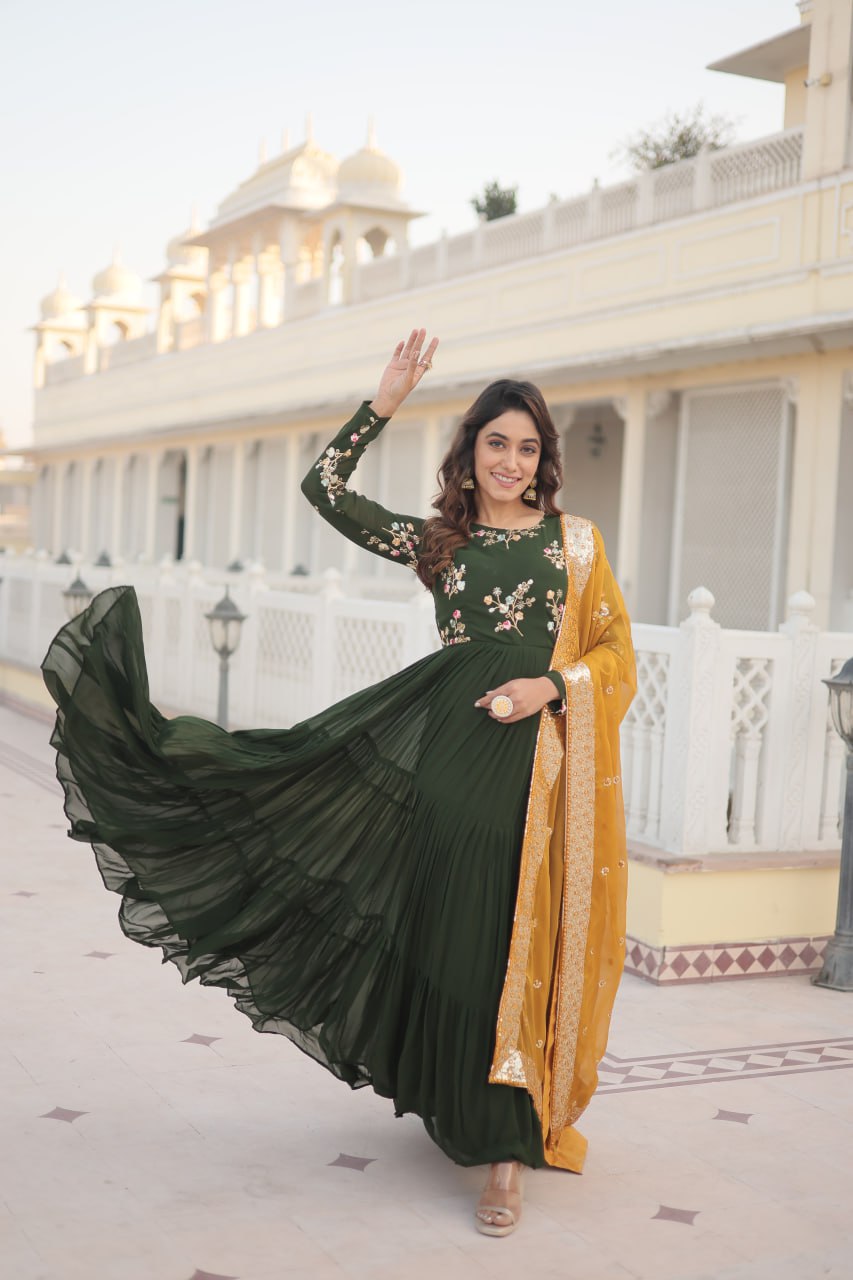 Satyabhama green georgette anarkali gown set