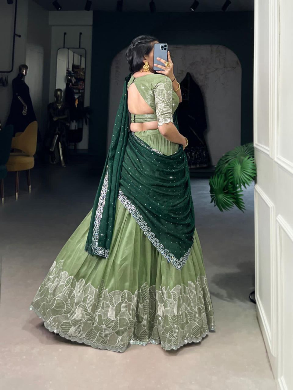 Pista Green Silver Glossy Embroidered with Hotfix Work Lehenga Choli