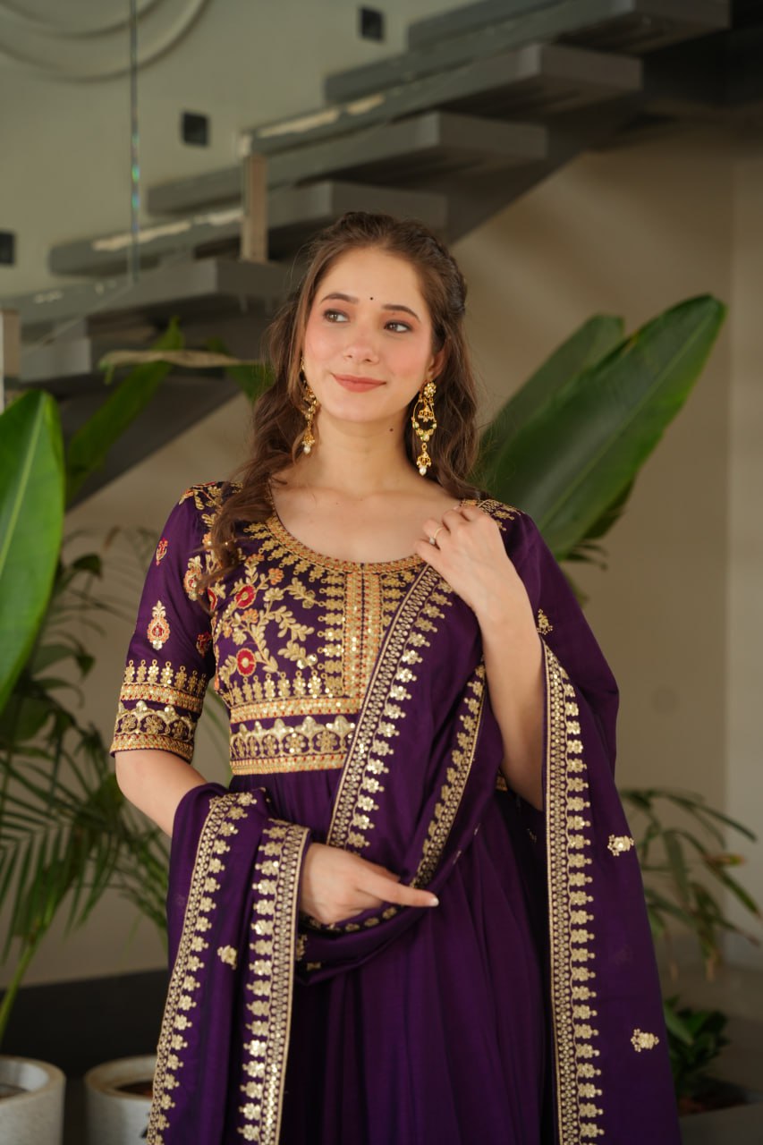 Aadishri Purple Silk Sequins Embroidered Gown
