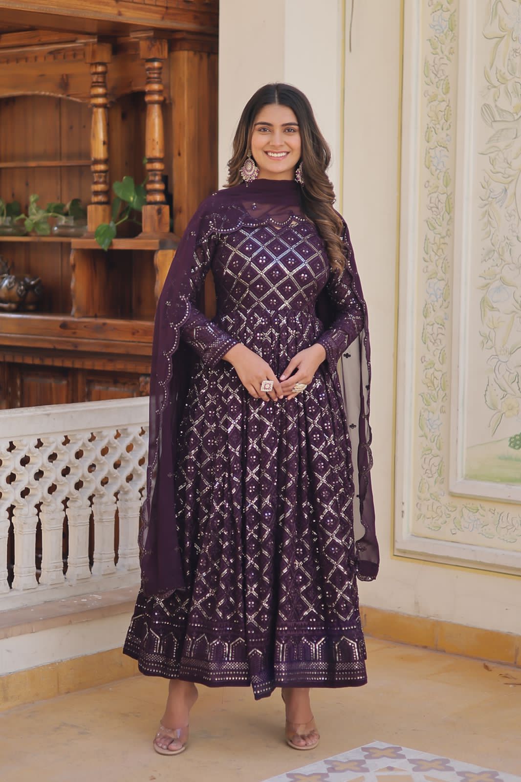 Royal purple blossom floral gown with dupatta