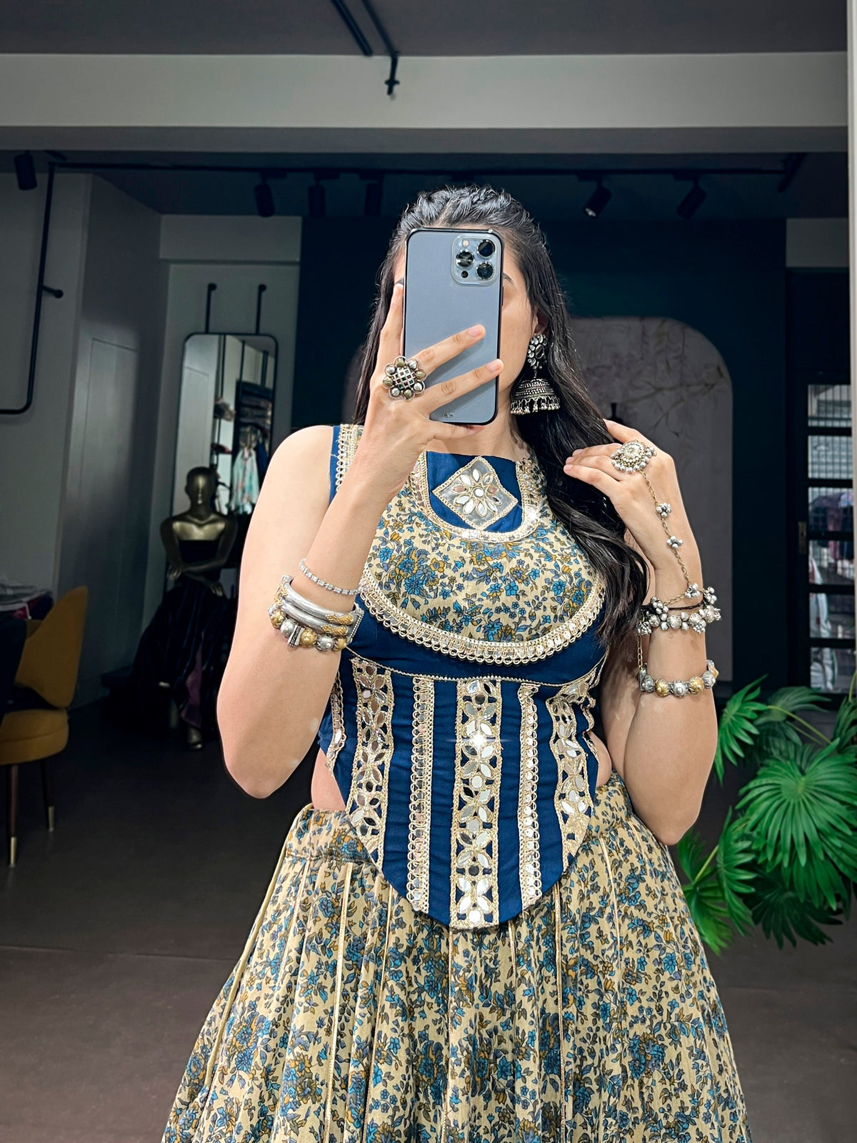 Rachna Blue Polyester Viscose Chanderi Mirror Lace Lehenga