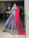 Purple chinon lehenga choli with digital print and embroidery sequins work