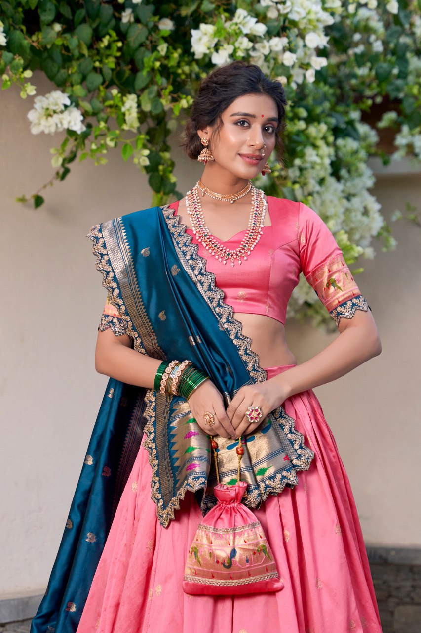 Onion Pink Jacquard Silk Paithani Lehenga Choli with Dupatta & Batwa